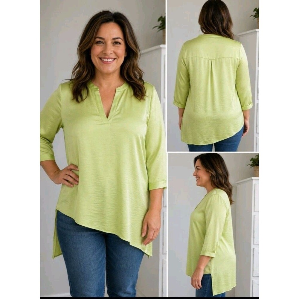 CHICOS Womens 2/L Boho Peasant Hi-Lo Hemline Polyester 3/4 Sleeve Lime Green Top
